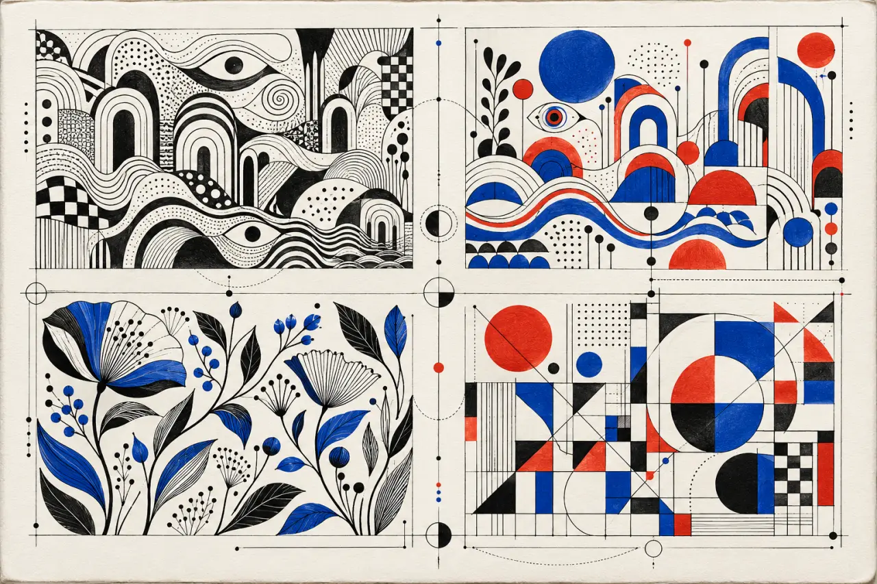 Exemples de doodle art noir et blanc, coloré, floral et géométrique