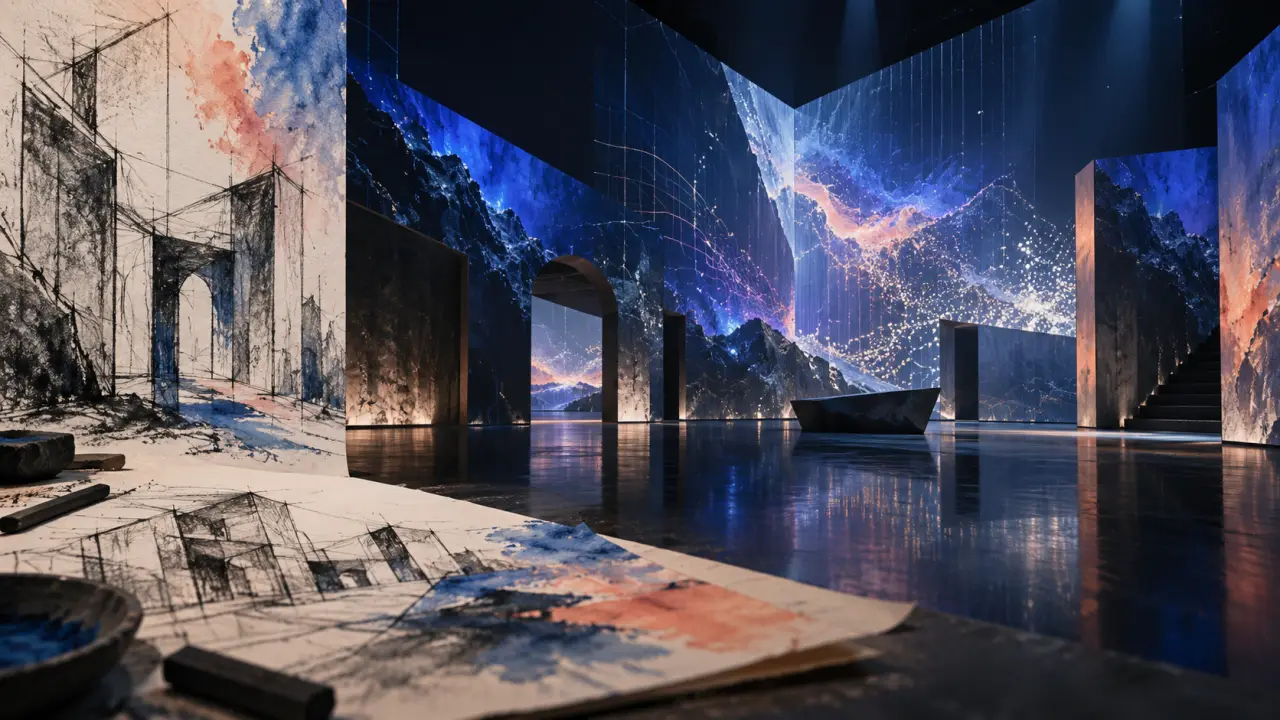 Scène immersive en cours de conception avec projections lumineuses et formes architecturales