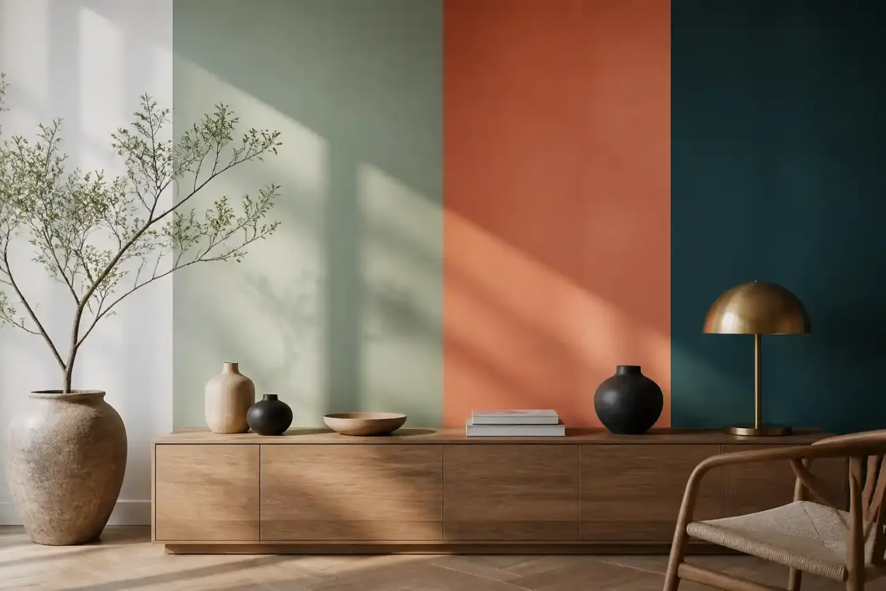 Composition abstraite de couleurs saisonnières dans un espace immersif sombre