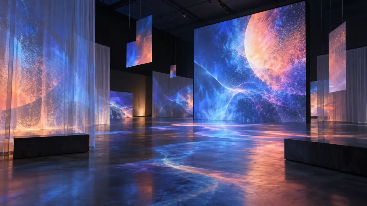 Installation immersive contemporaine avec projections lumineuses dans un espace sombre