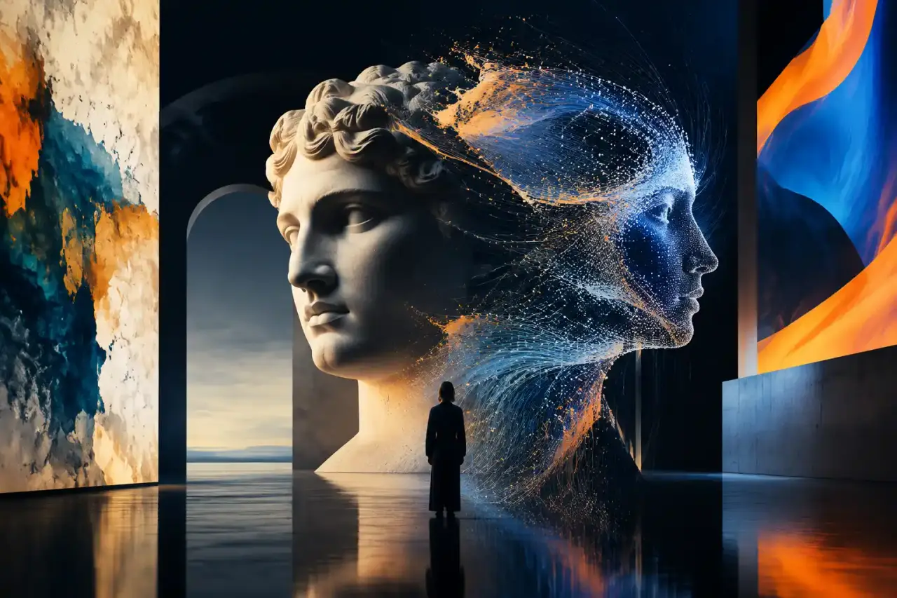 Composition abstraite générée par code, entre fluides lumineux et formes architecturales