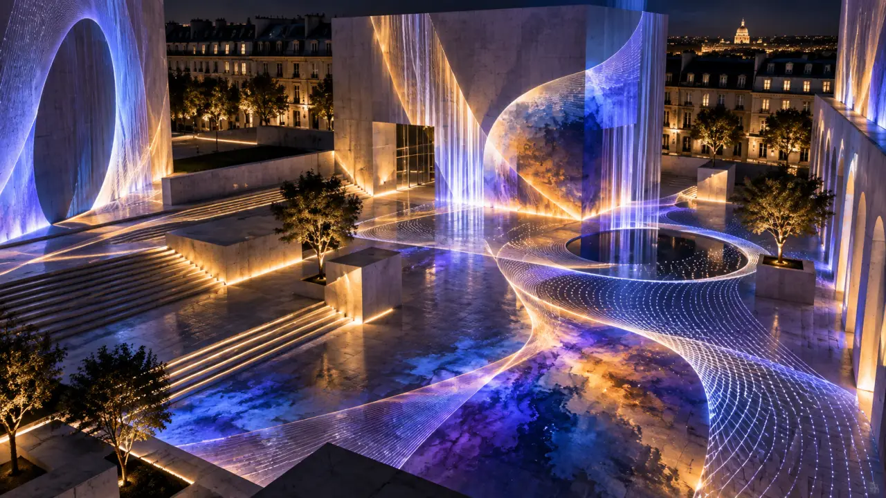 Projection de lumière générative sur une place urbaine la nuit