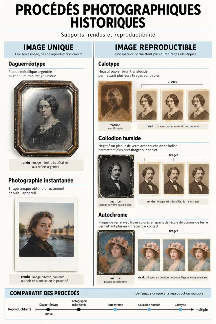 Comparaison visuelle de plusieurs procédés photographiques historiques et de leurs supports