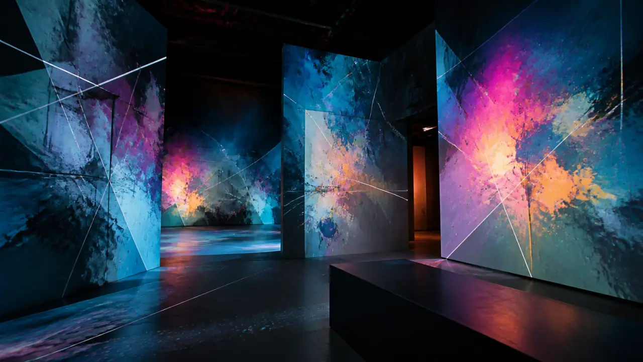 Installation immersive abstraite aux reflets métalliques et néon magenta