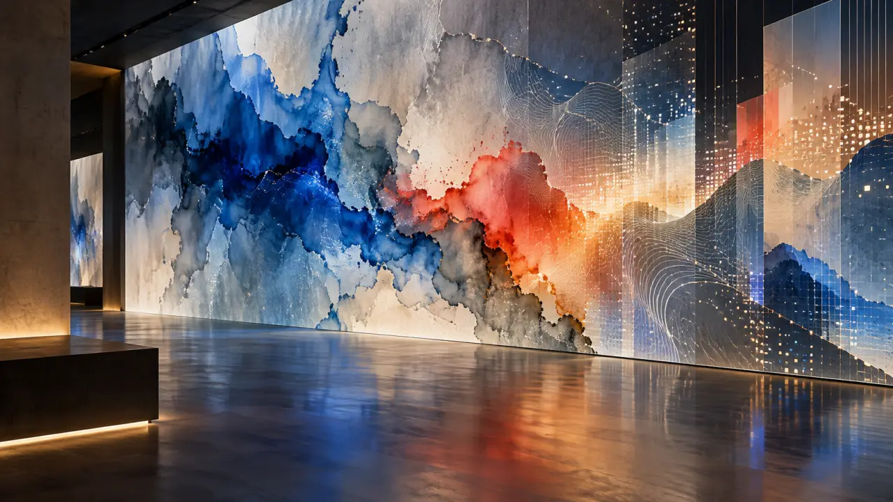 Fresque générative inspirée d'une aquarelle, projetée dans un espace immersif