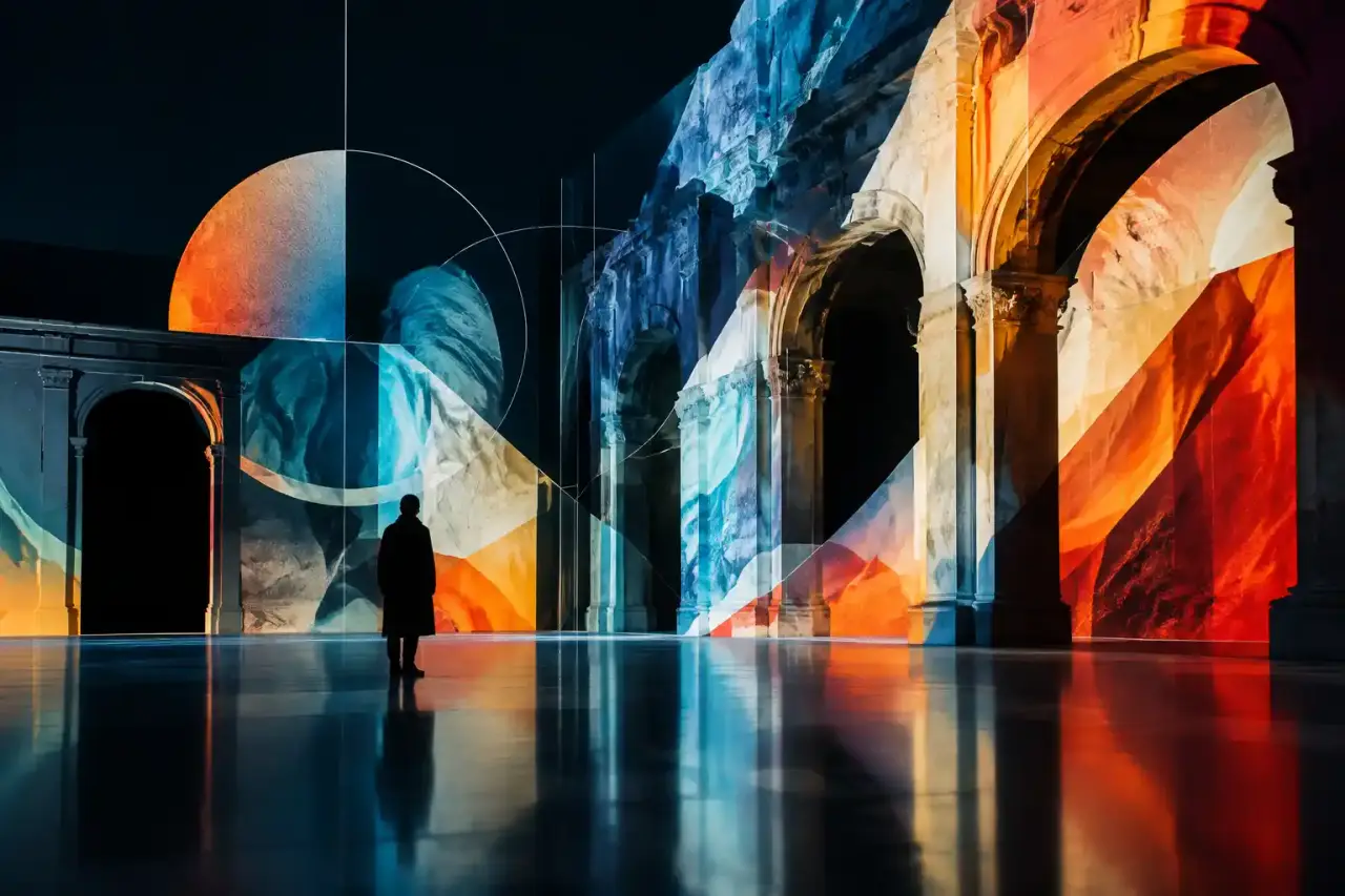 Projection de mapping vidéo sur une architecture contemporaine dans une atmosphère sombre