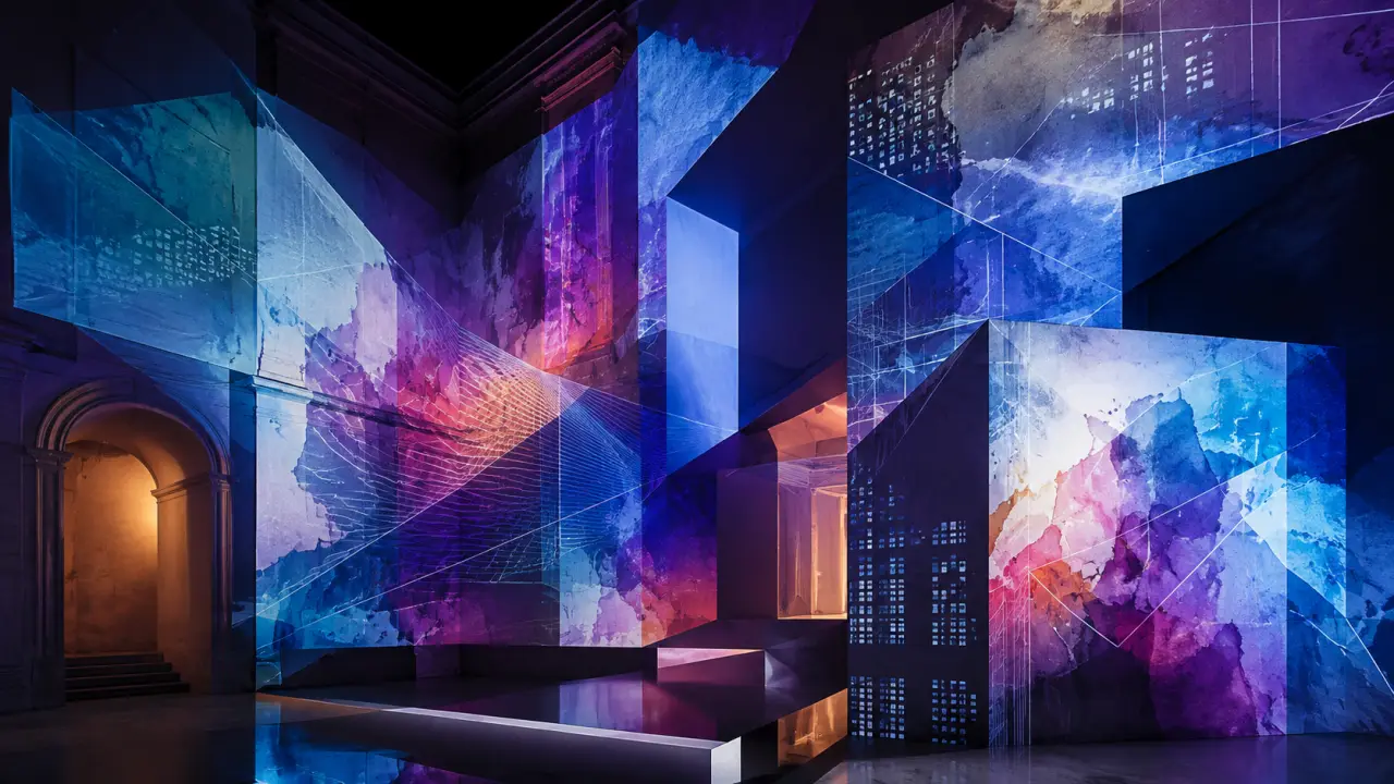 Composition abstraite illustrant le mapping vidéo dans un espace sombre et immersif