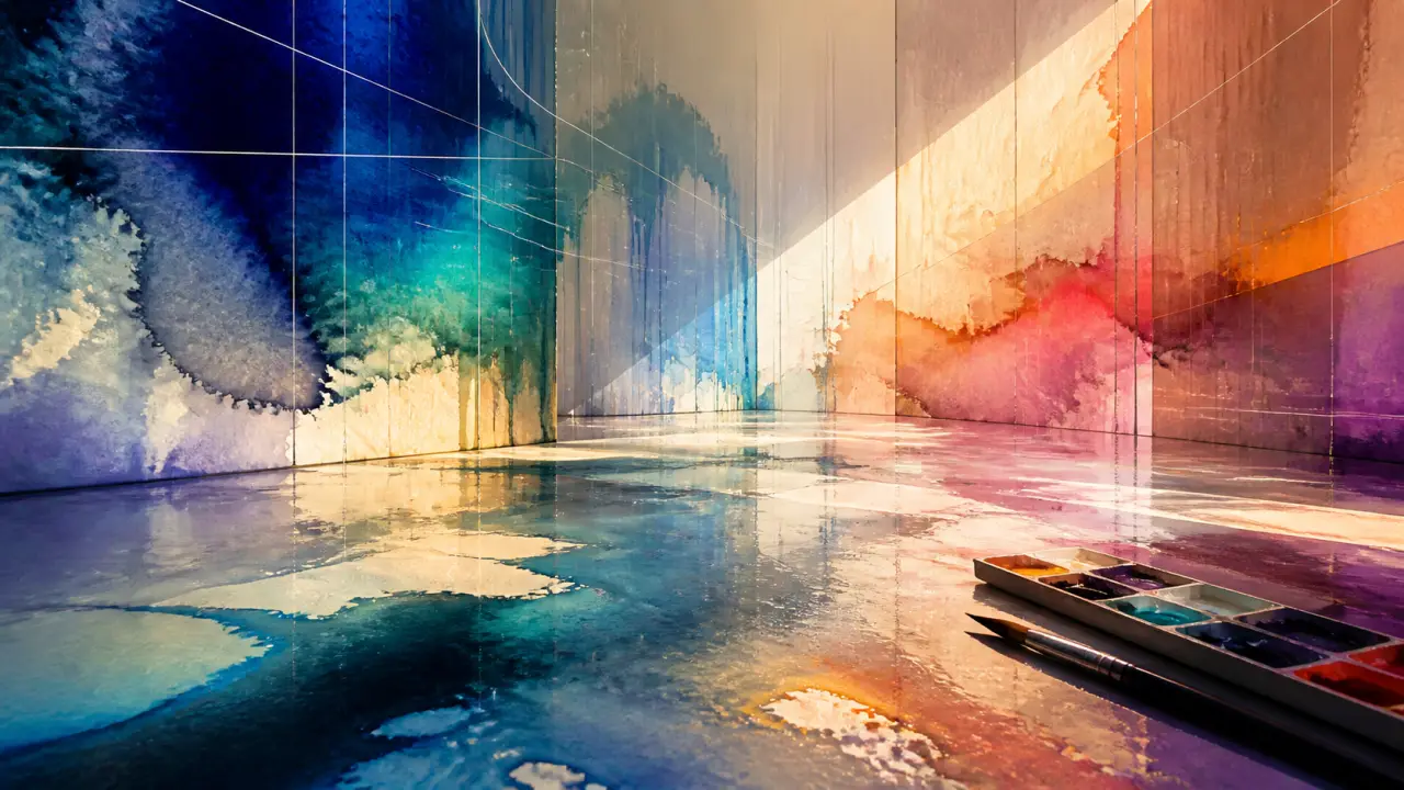 Composition artistique évoquant les lavis d'aquarelle et les gradients de couleur