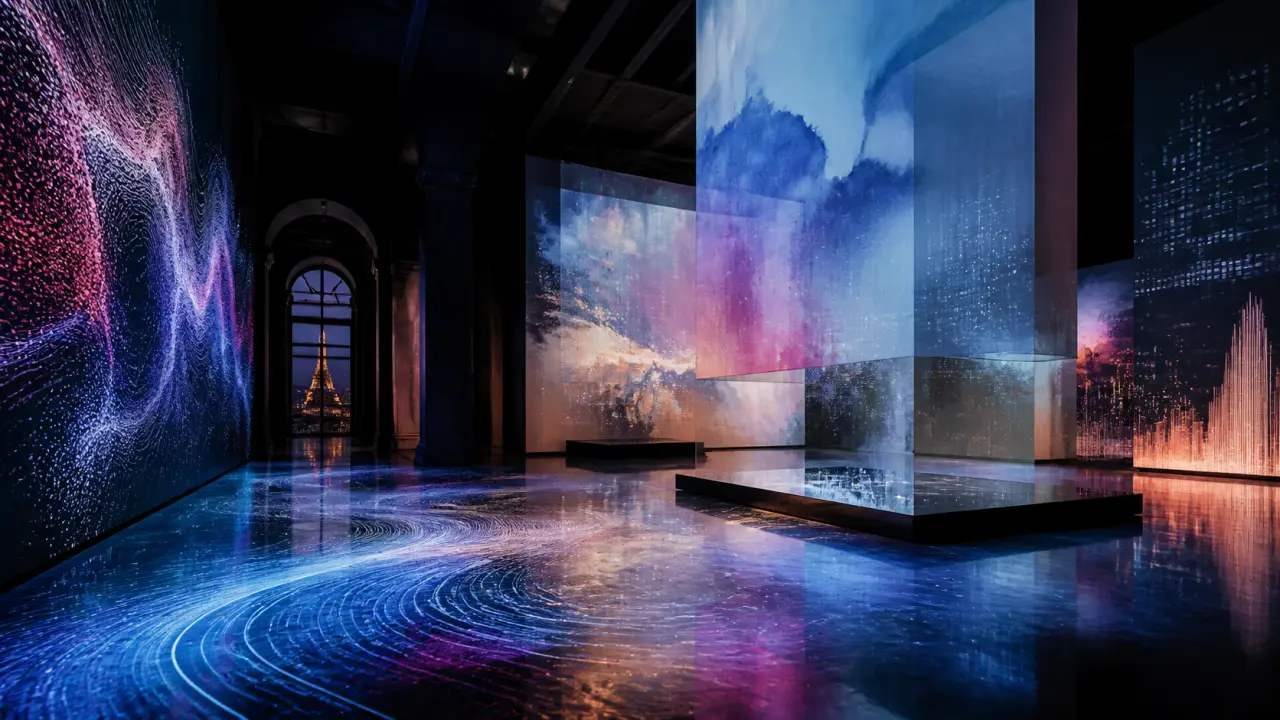 Composition 3D abstraite et cinétique en métal liquide et verre dichroïque dans un espace noir, éclairage néon magenta