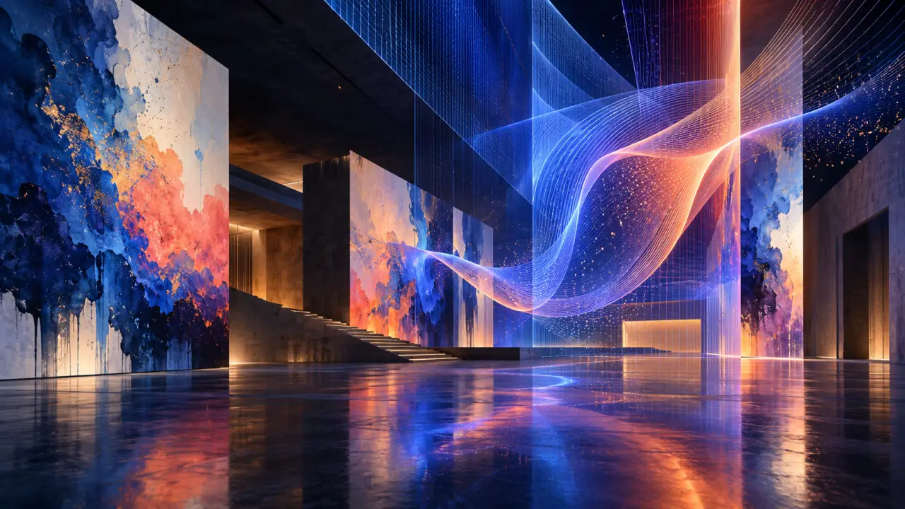 Composition abstraite de formes lumineuses générées par ordinateur dans un espace culturel sombre