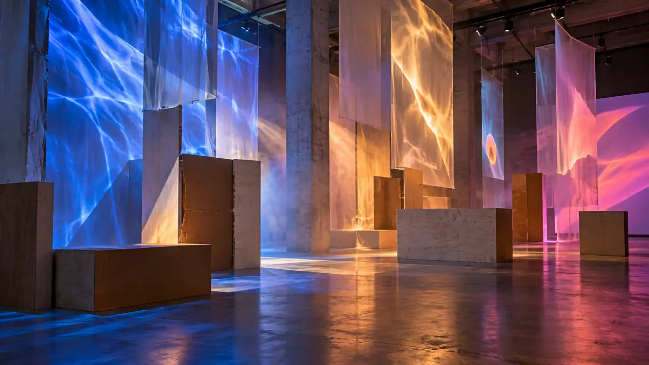 Installation immersive minimaliste composée de projections lumineuses dans un espace sombre