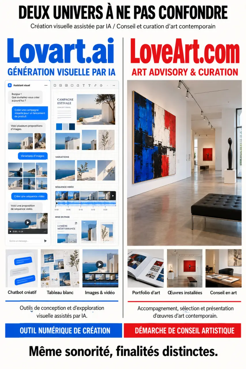 Infographie love art comparant Lovart.ai, outil de création visuelle par IA, et LoveArt.com, service de conseil et de curation artistique