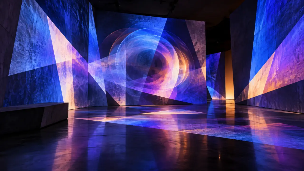 Projection de mapping vidéo abstraite sur une architecture sombre