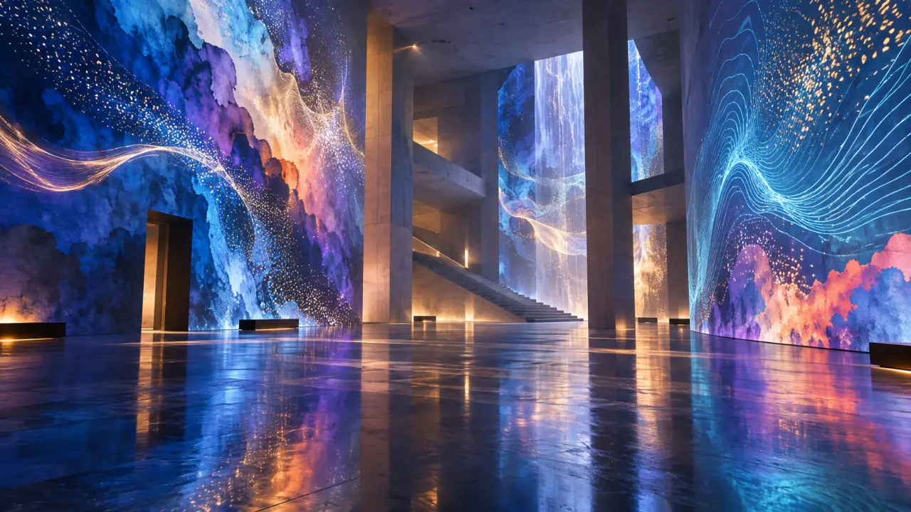 Projection générative abstraite sur les parois d'un hall architectural
