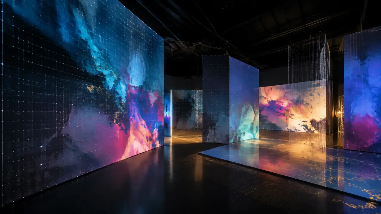 Composition abstraite d’une installation immersive, entre métal liquide, verre dichroïque et lumière néon