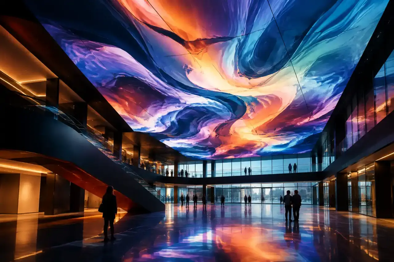 Plafond réactif projetant des formes lumineuses dans un atrium contemporain