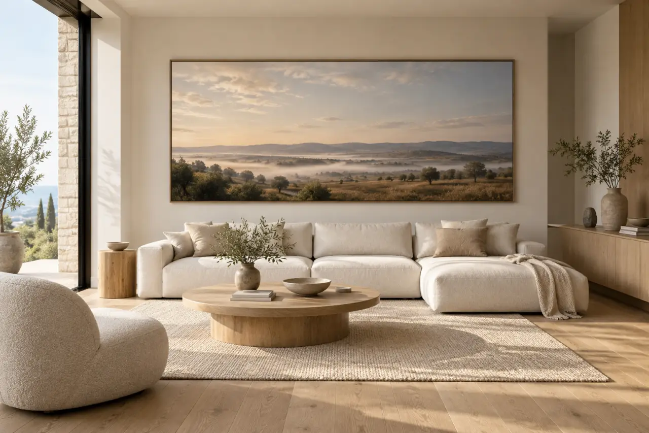 Les tableaux paysages agrandissent visuellement une pièce grâce à la ligne d’horizon