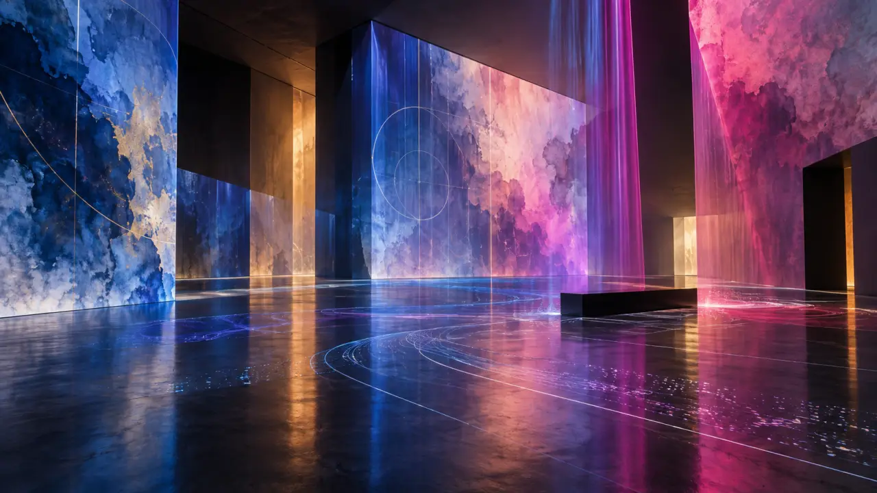 Composition abstraite de lumière et de formes numériques dans un espace sombre