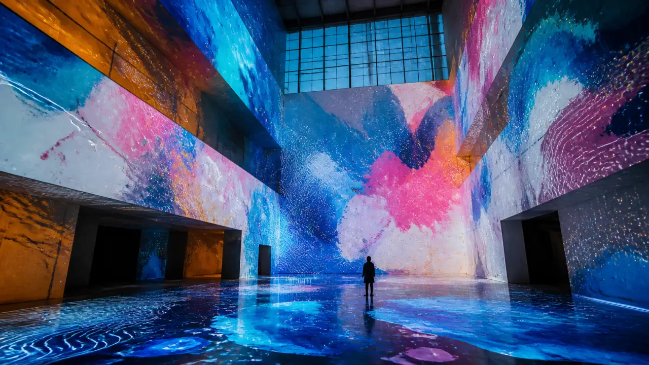 Atrium contemporain transformé en œuvre générative, ambiance minimaliste et lumineuse