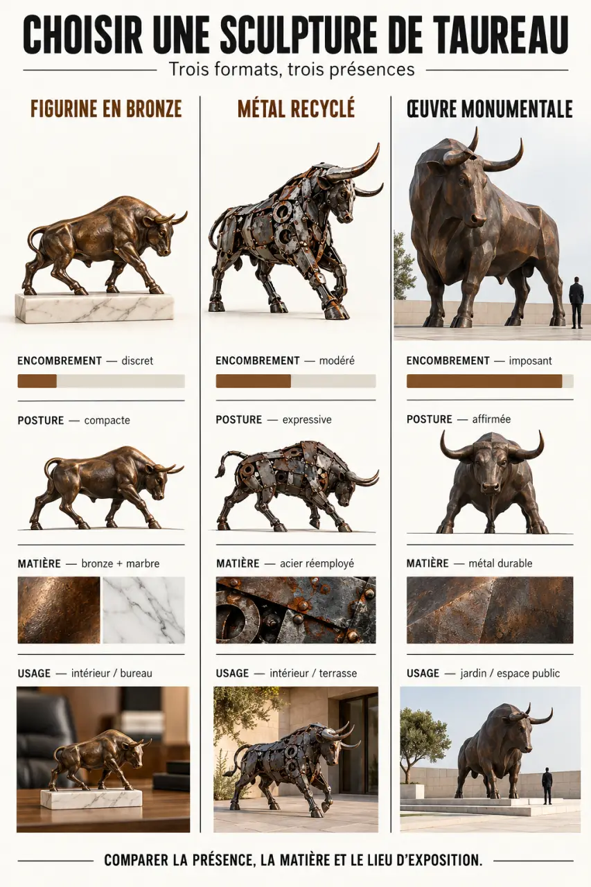 Infographie comparative pour choisir une sculpture taureau selon le format, le matériau et l’usage