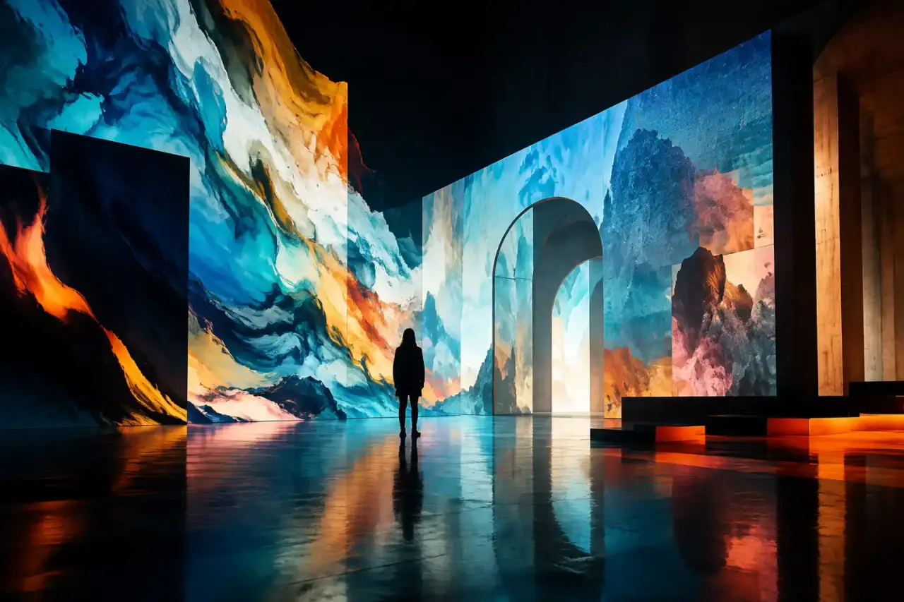 Projection de mapping vidéo sur une architecture sombre et géométrique