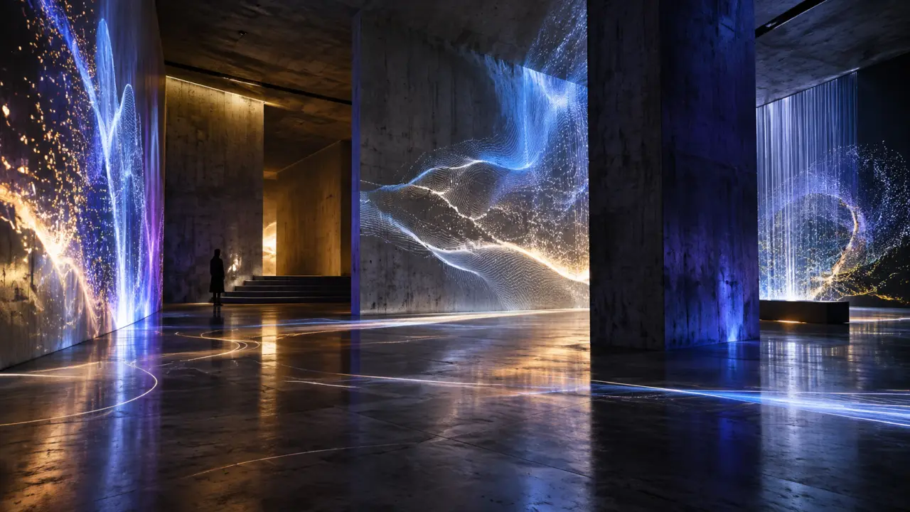 Projection lumineuse abstraite dans un espace industriel brut