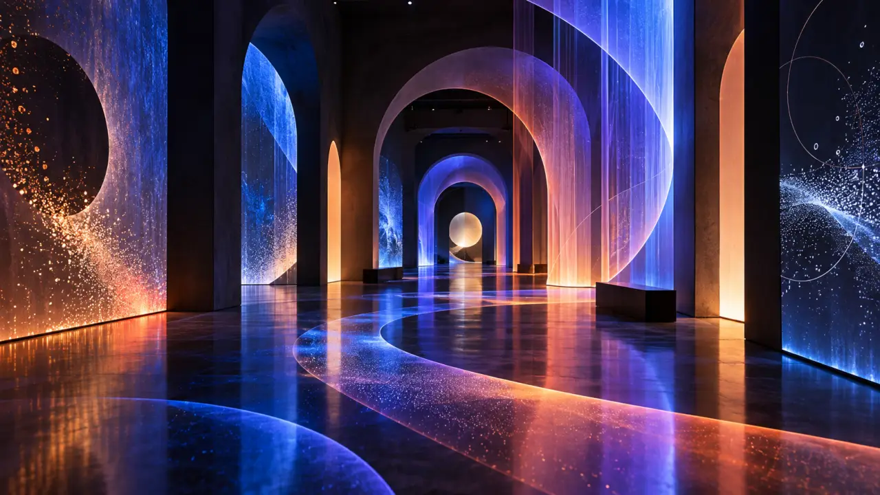Parcours lumineux immersif dans un espace architectural sombre