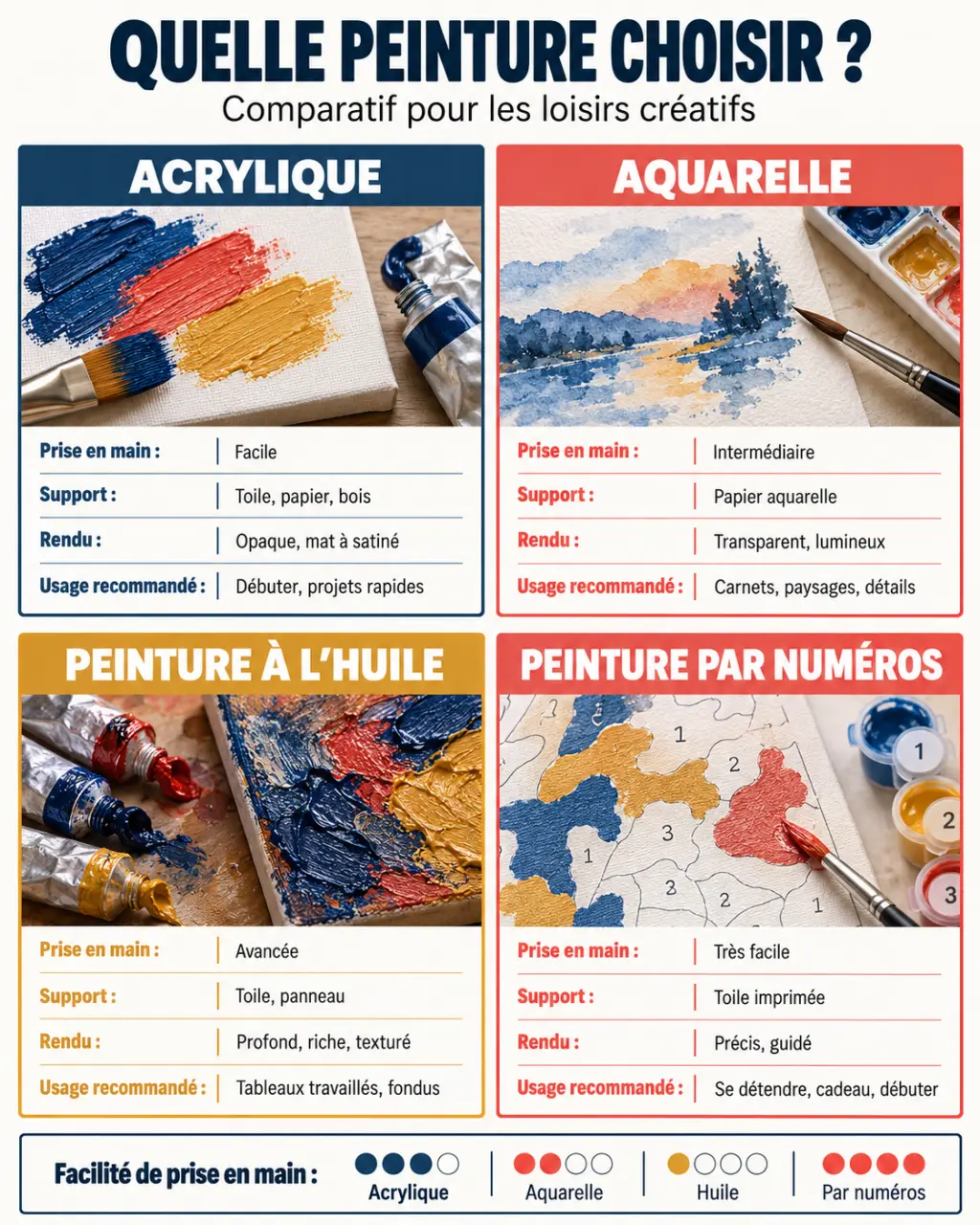 Infographie comparative des techniques de peinture loisirs créatifs : acrylique, aquarelle, huile et peinture par numéros